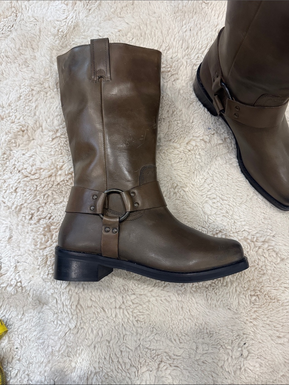 Brown leather moto biker boots